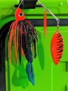 black/orange spinner bait with trailer