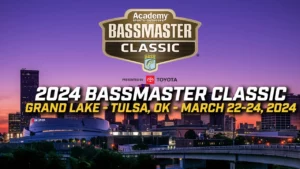 Bassmaster Classic 2024 logo with dates and location. Grand Lake Tulsa OK